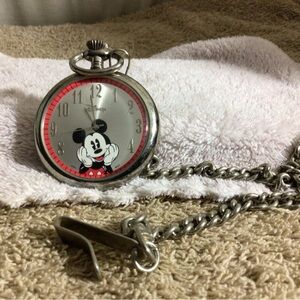 Disney Silver Pocket Watch with Red and Black Mickey Dial